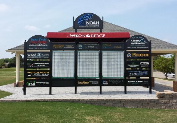 leader board on golf course with advertising