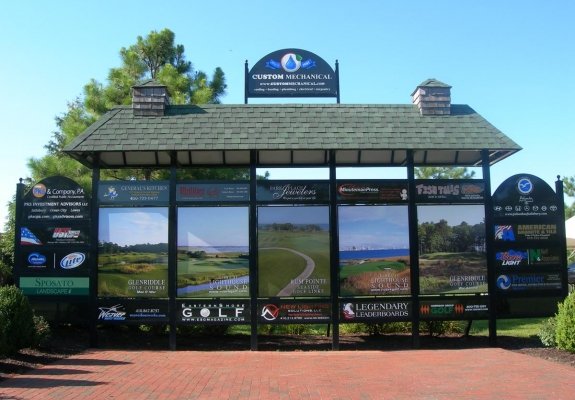 golf score board on golf course with advertising