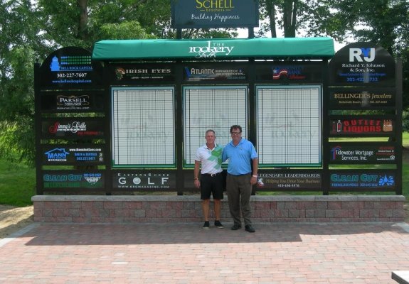 two golfers standing in front of golf score board 
